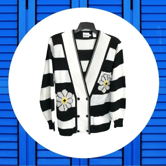 Vintage Leslie Fay Sportswear Black/White Striped Cardigan w Daisies Women Small - Picture 5 of 6